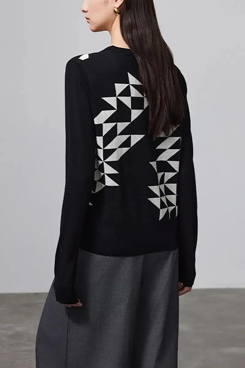 100 Merino Wool Geometric Patterned V Neck Cardigan