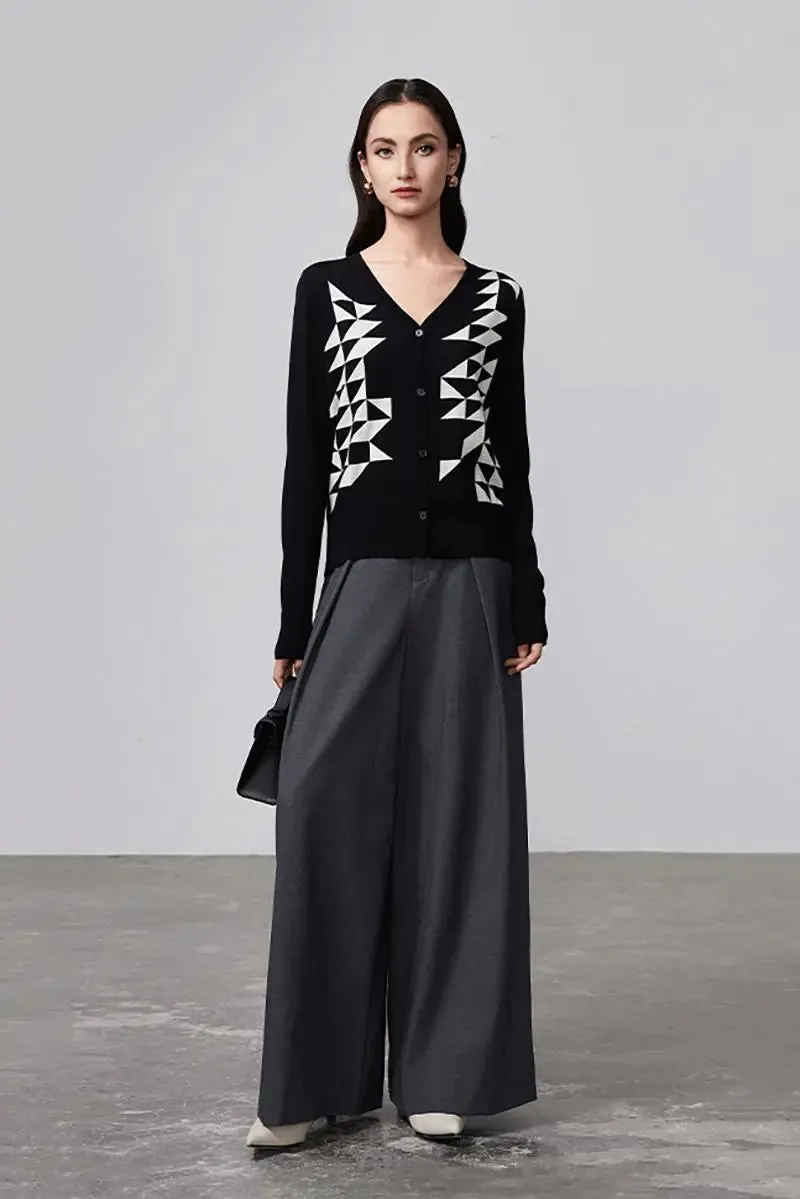 100 Merino Wool Geometric Patterned V Neck Cardigan