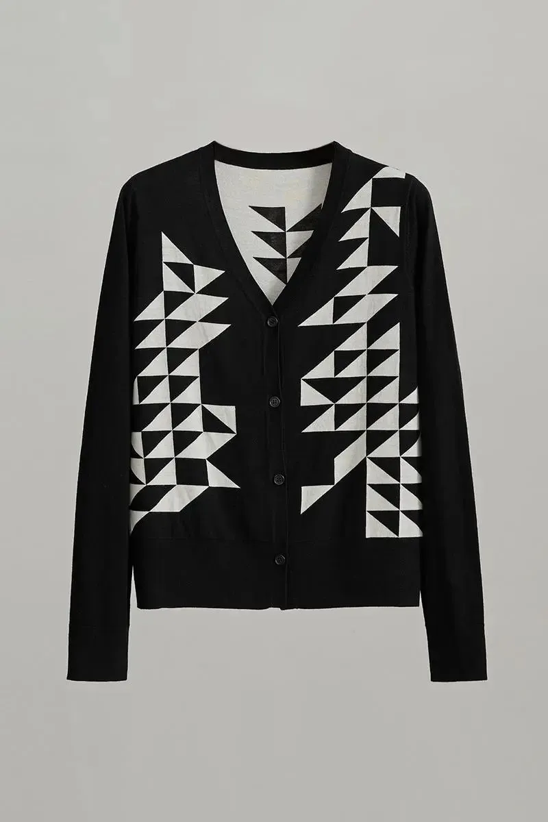 100 Merino Wool Geometric Patterned V Neck Cardigan