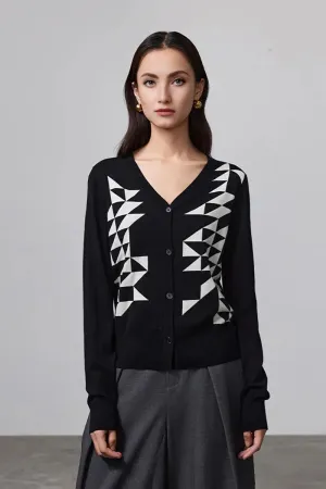 100 Merino Wool Geometric Patterned V Neck Cardigan