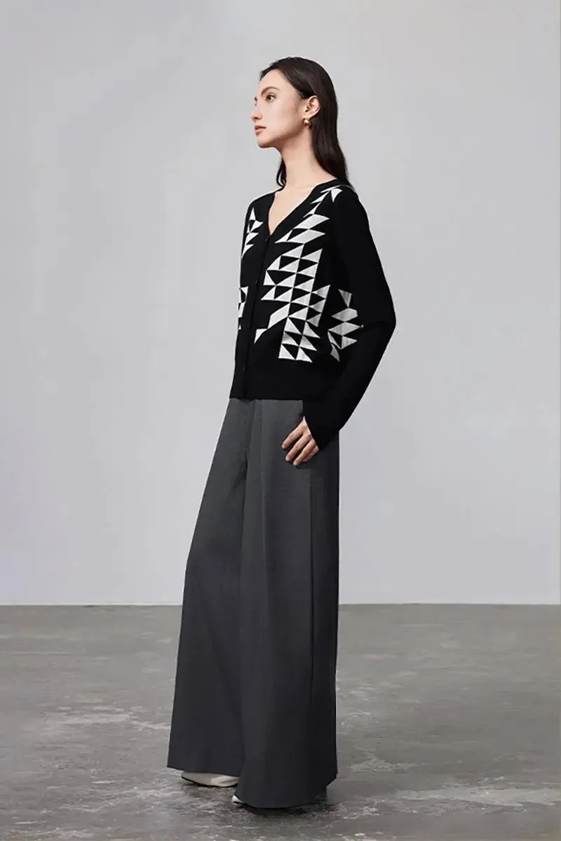 100 Merino Wool Geometric Patterned V Neck Cardigan