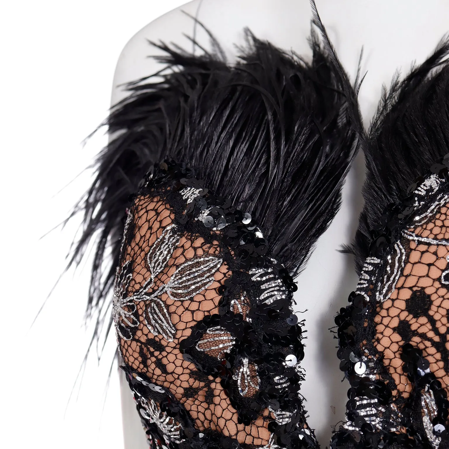 1980s Bob Mackie Black Sequin & SIlver Metallic Feather Dress