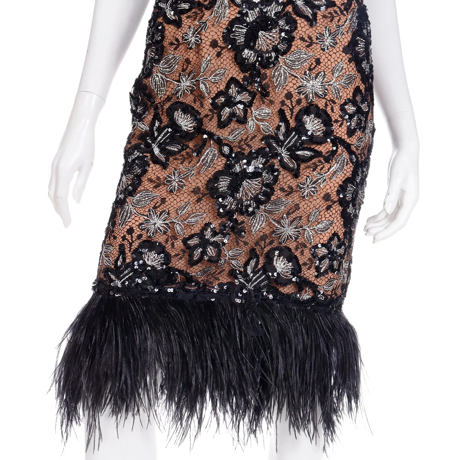 1980s Bob Mackie Black Sequin & SIlver Metallic Feather Dress