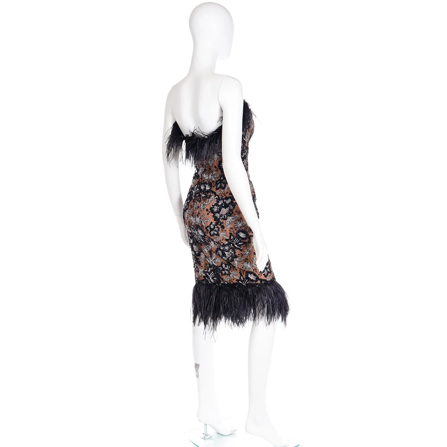 1980s Bob Mackie Black Sequin & SIlver Metallic Feather Dress
