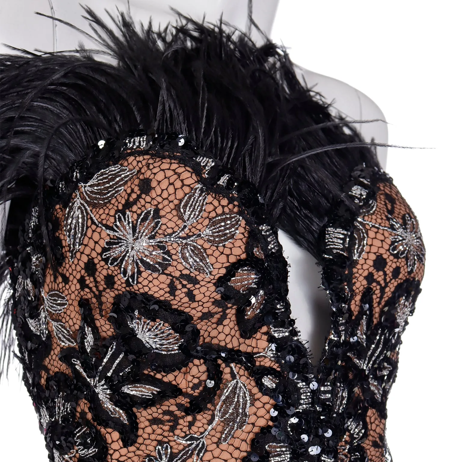 1980s Bob Mackie Black Sequin & SIlver Metallic Feather Dress