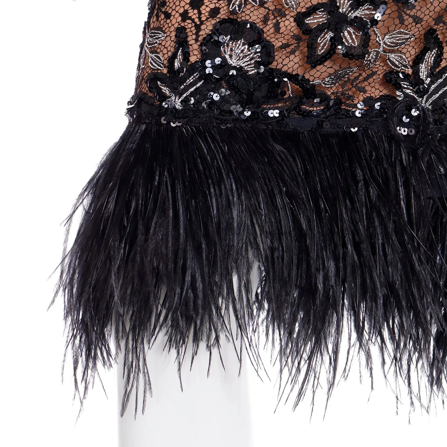 1980s Bob Mackie Black Sequin & SIlver Metallic Feather Dress