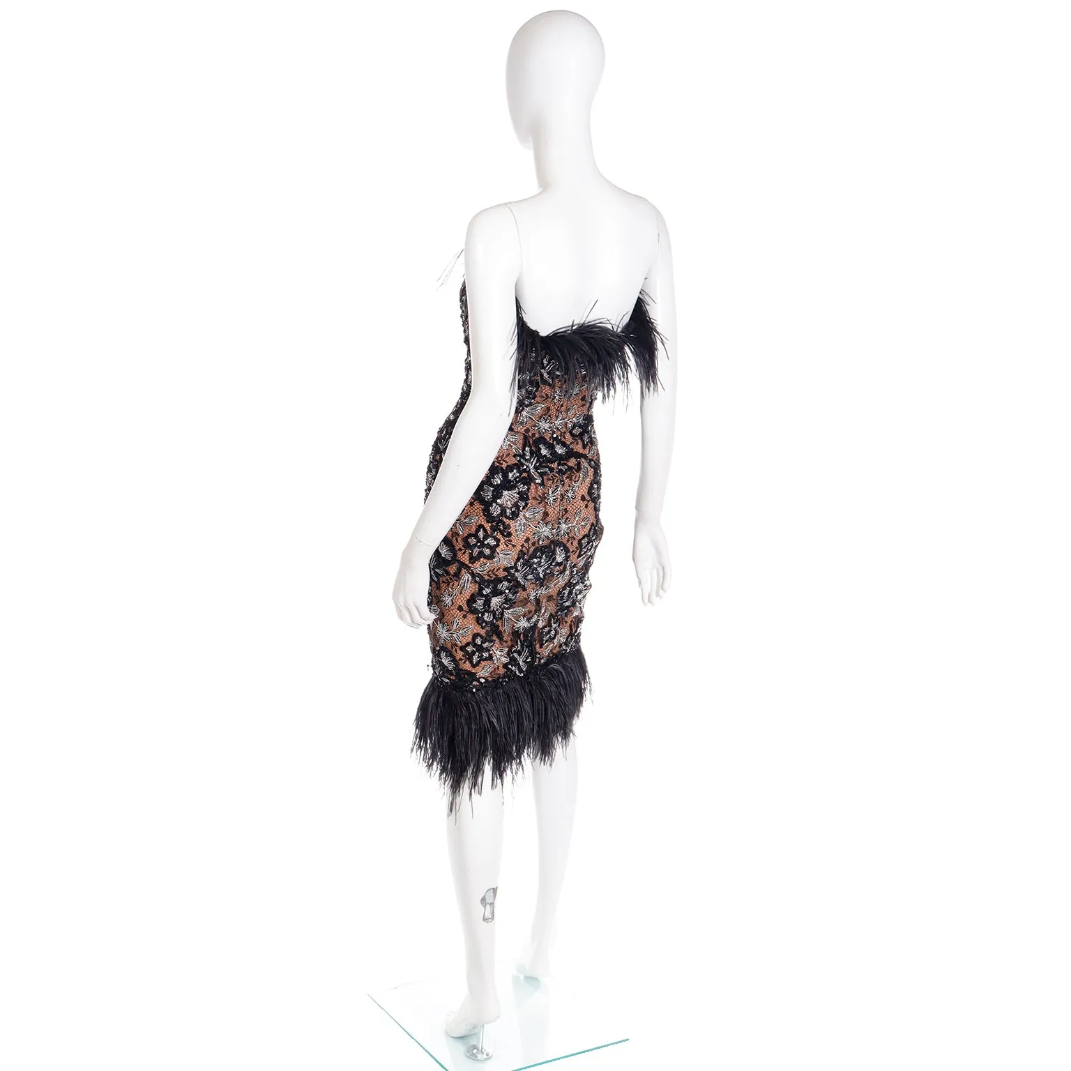 1980s Bob Mackie Black Sequin & SIlver Metallic Feather Dress
