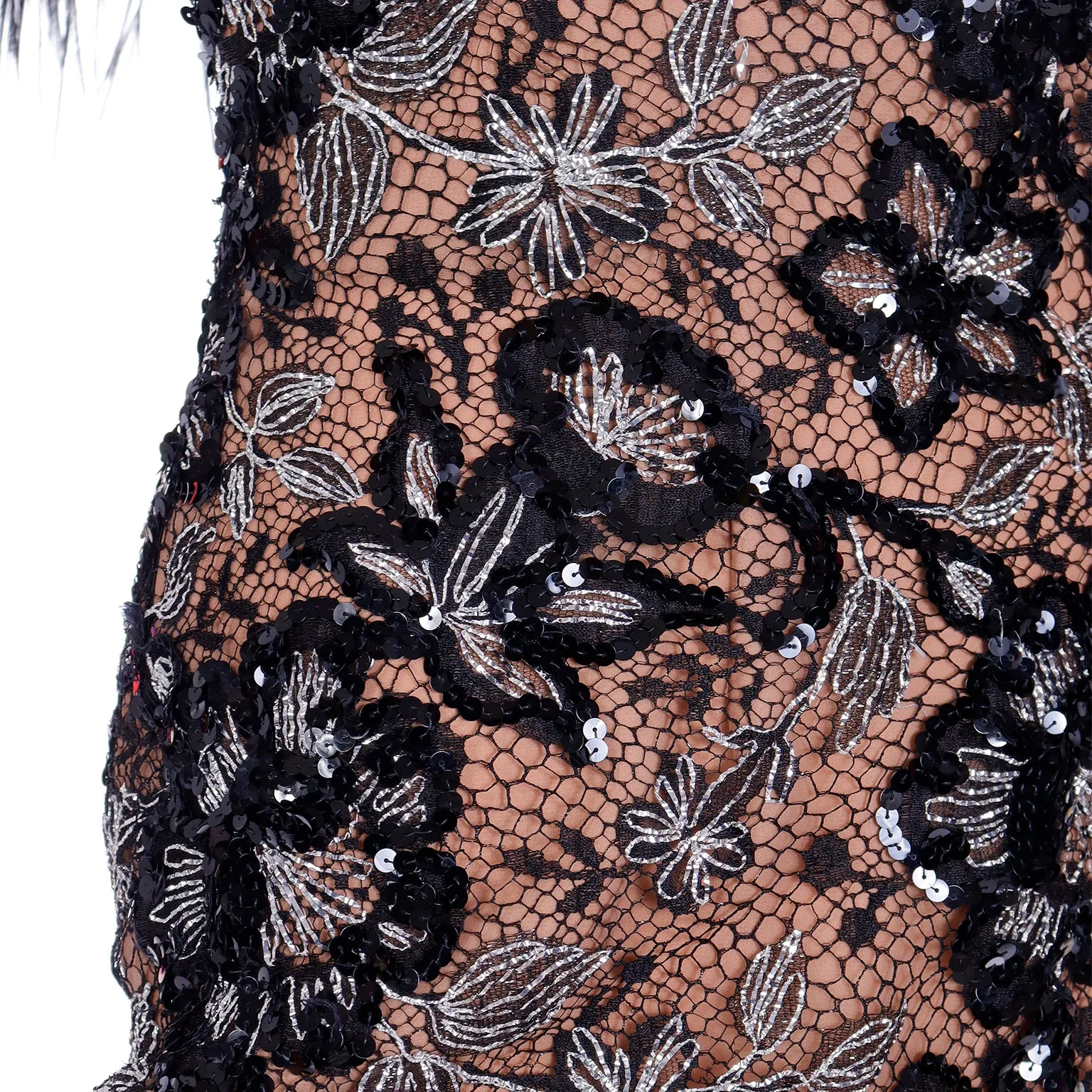 1980s Bob Mackie Black Sequin & SIlver Metallic Feather Dress