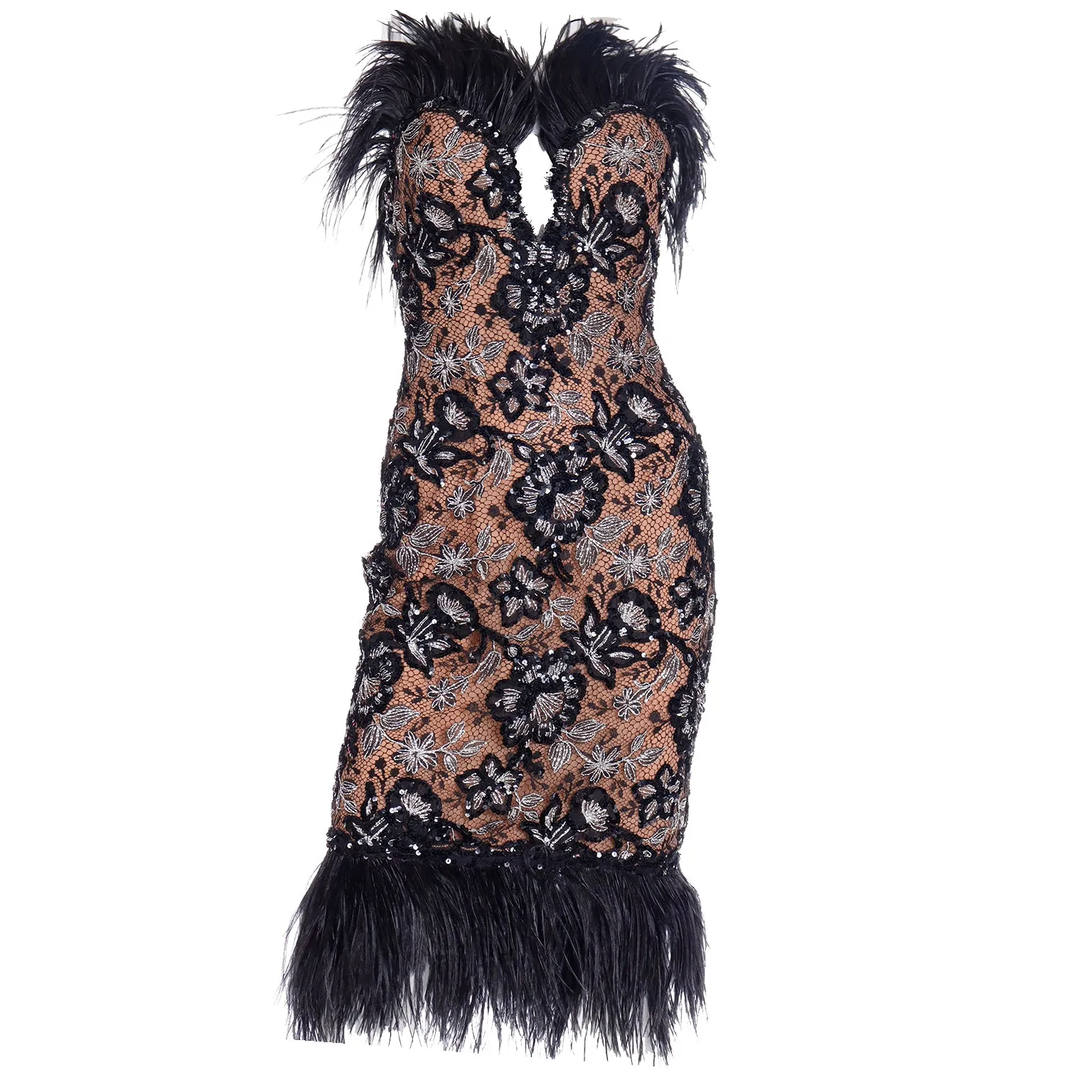 1980s Bob Mackie Black Sequin & SIlver Metallic Feather Dress
