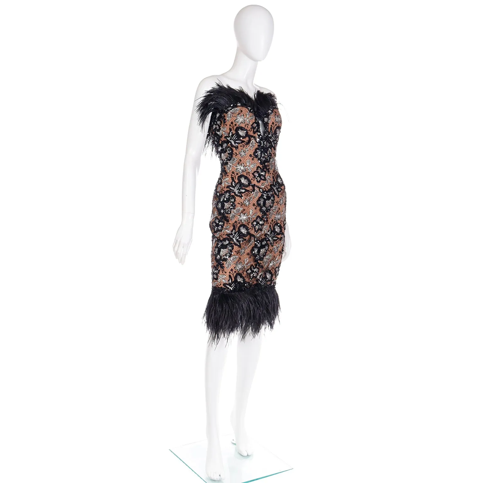 1980s Bob Mackie Black Sequin & SIlver Metallic Feather Dress