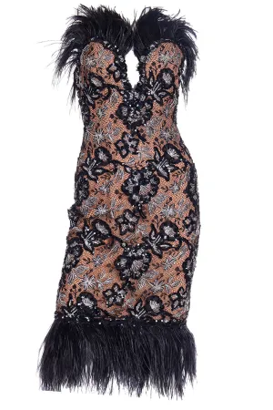 1980s Bob Mackie Black Sequin & SIlver Metallic Feather Dress