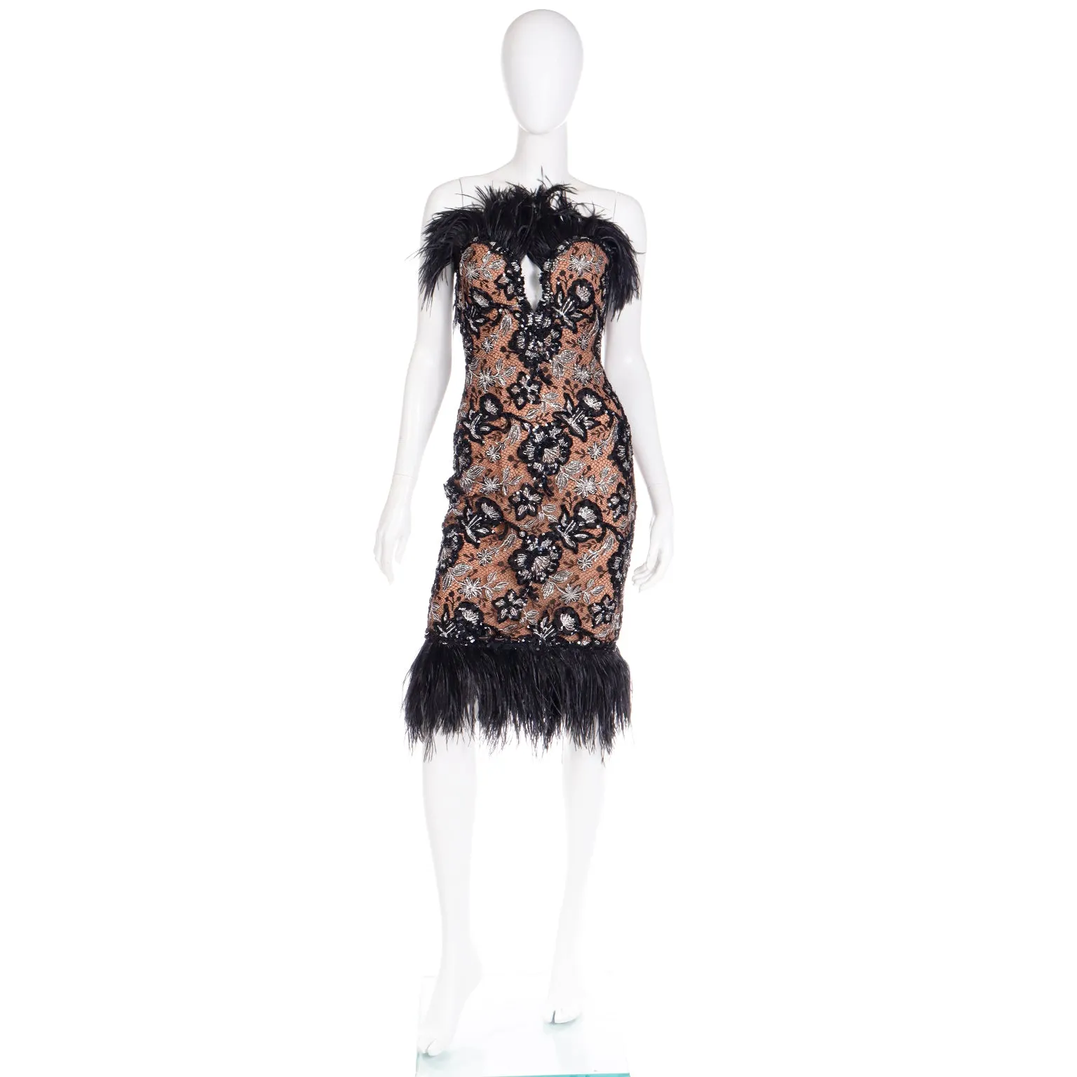1980s Bob Mackie Black Sequin & SIlver Metallic Feather Dress
