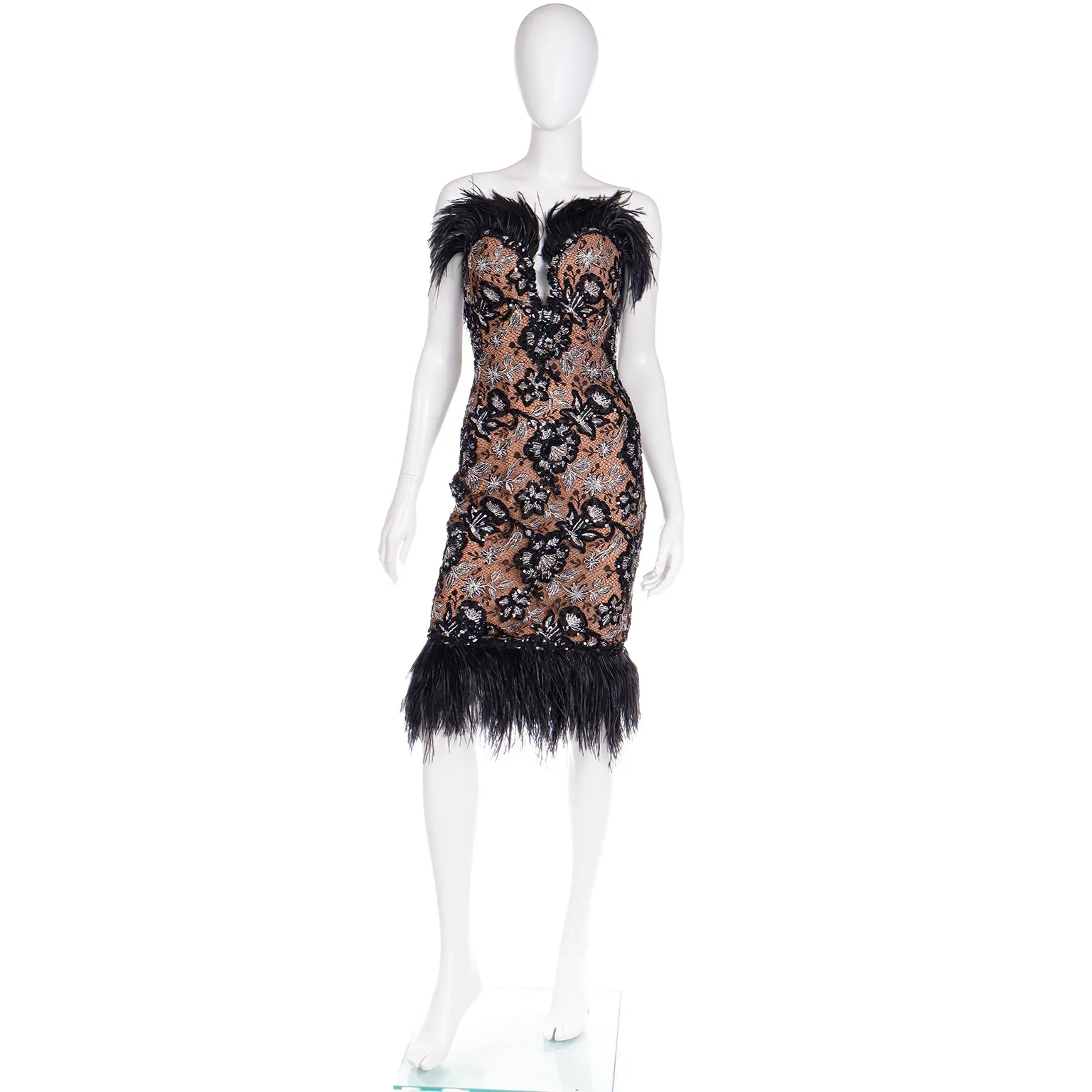 1980s Bob Mackie Black Sequin & SIlver Metallic Feather Dress