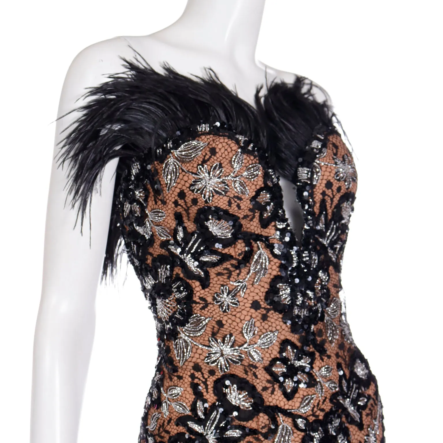 1980s Bob Mackie Black Sequin & SIlver Metallic Feather Dress