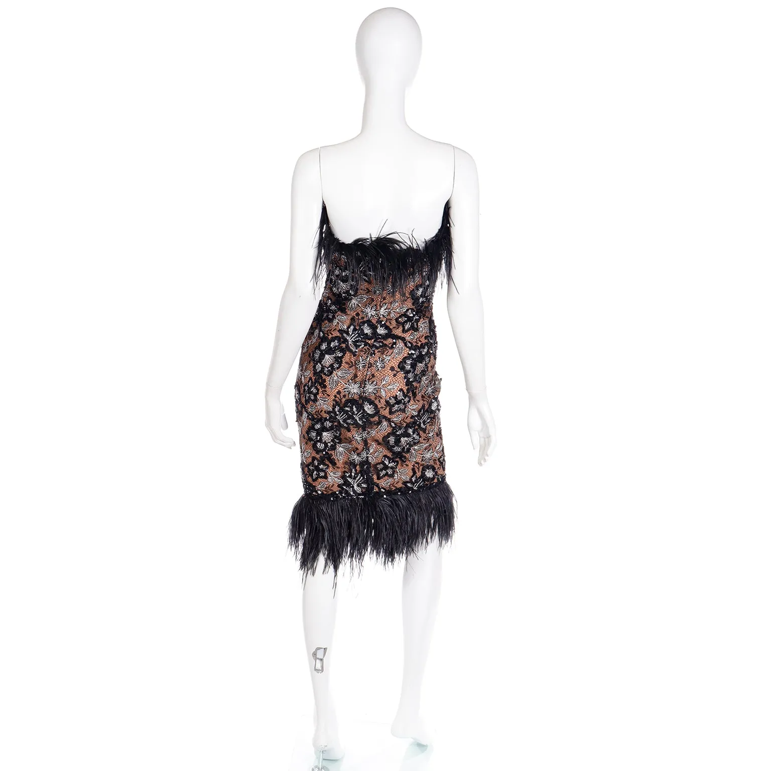 1980s Bob Mackie Black Sequin & SIlver Metallic Feather Dress