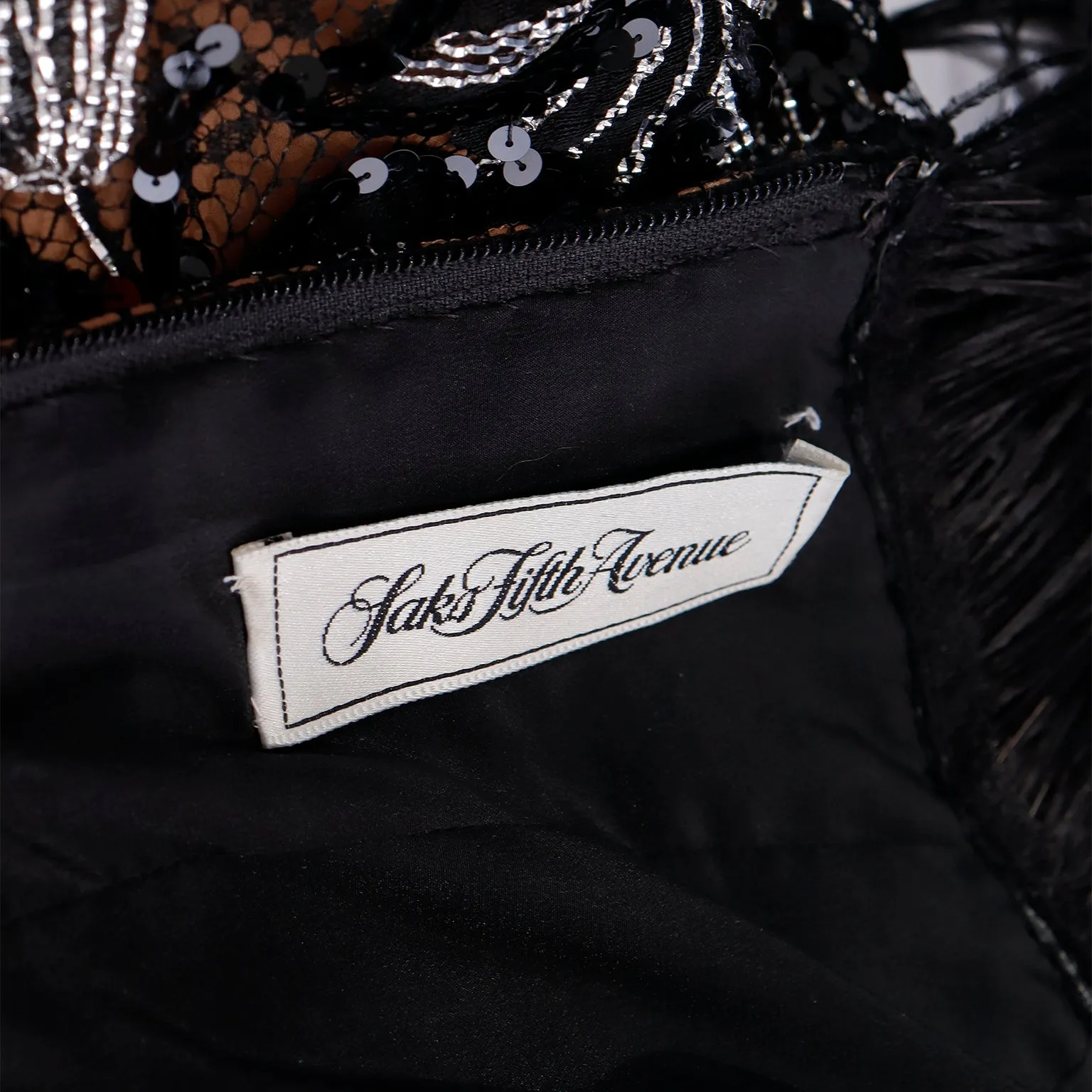 1980s Bob Mackie Black Sequin & SIlver Metallic Feather Dress