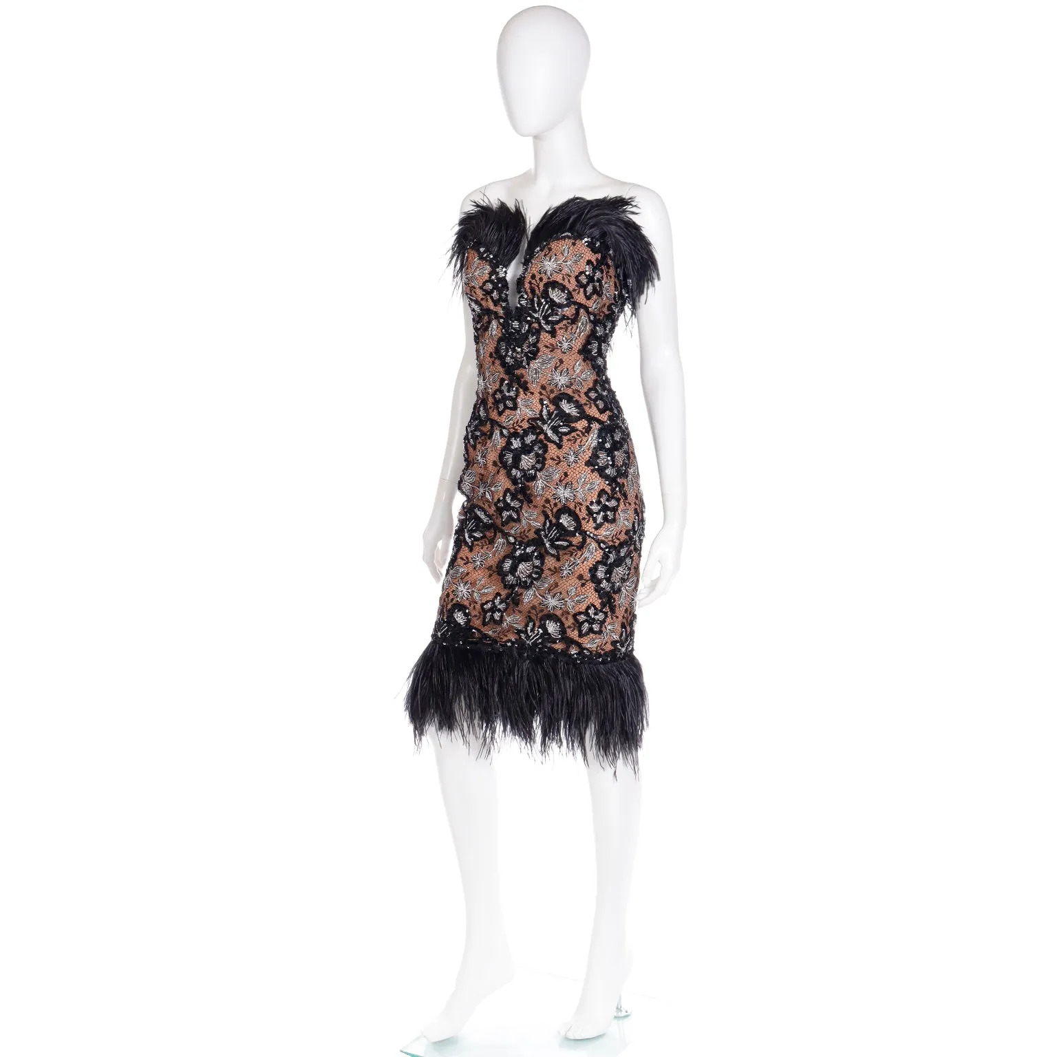 1980s Bob Mackie Black Sequin & SIlver Metallic Feather Dress