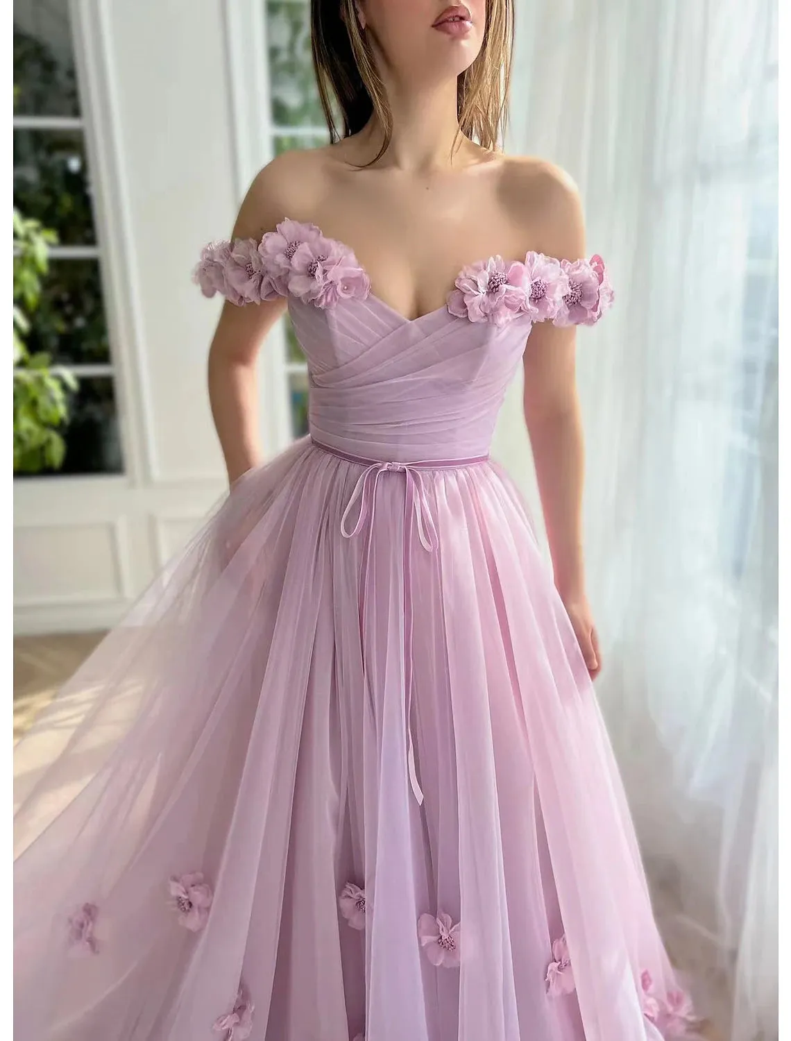 A-Line Evening Gown Empire Dress Wedding Guest Prom Floor Length Short Sleeve Sweetheart Cotton Backless with Slit Appliques Strappy
