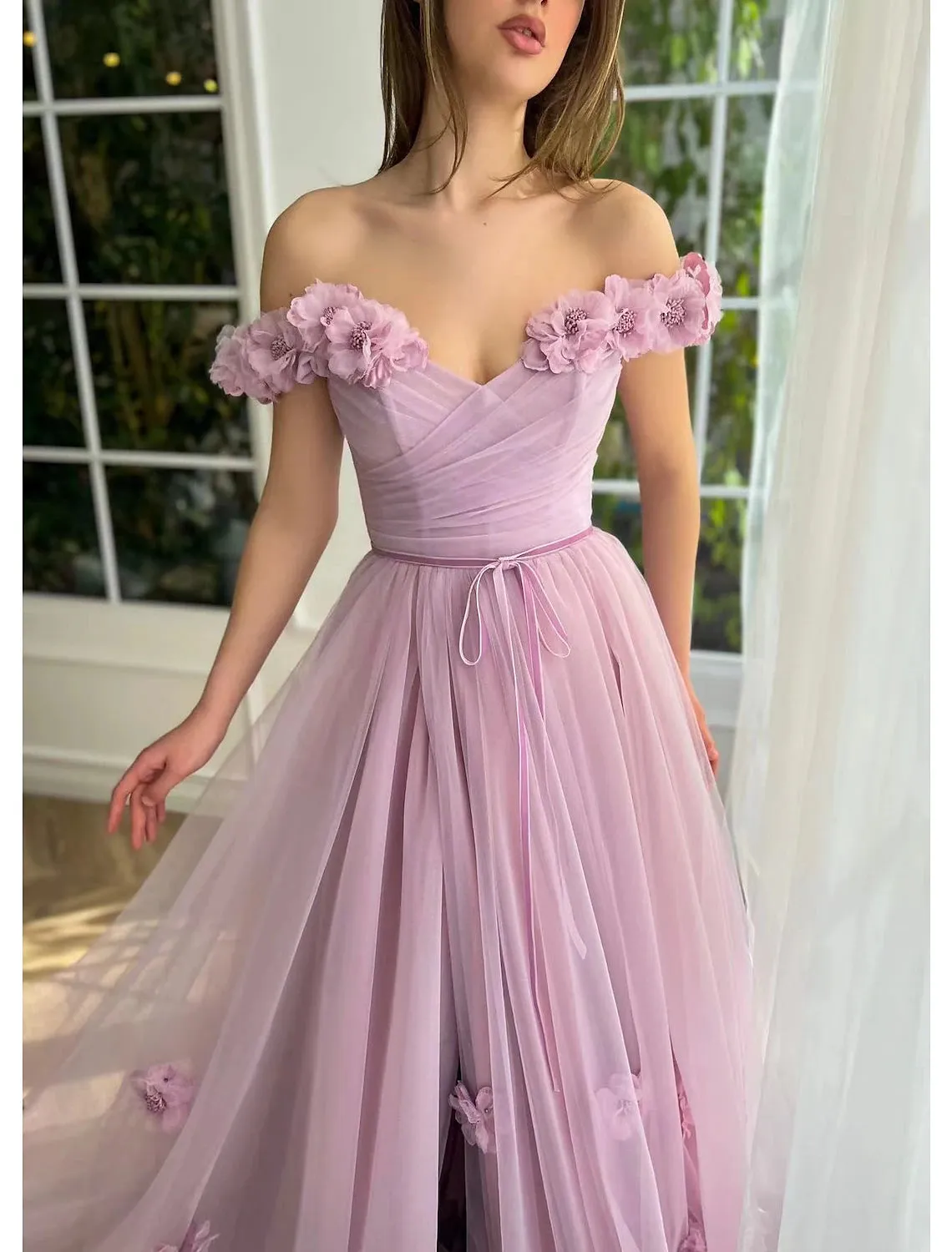 A-Line Evening Gown Empire Dress Wedding Guest Prom Floor Length Short Sleeve Sweetheart Cotton Backless with Slit Appliques Strappy