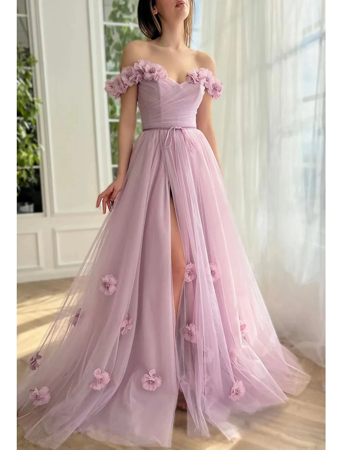 A-Line Evening Gown Empire Dress Wedding Guest Prom Floor Length Short Sleeve Sweetheart Cotton Backless with Slit Appliques Strappy