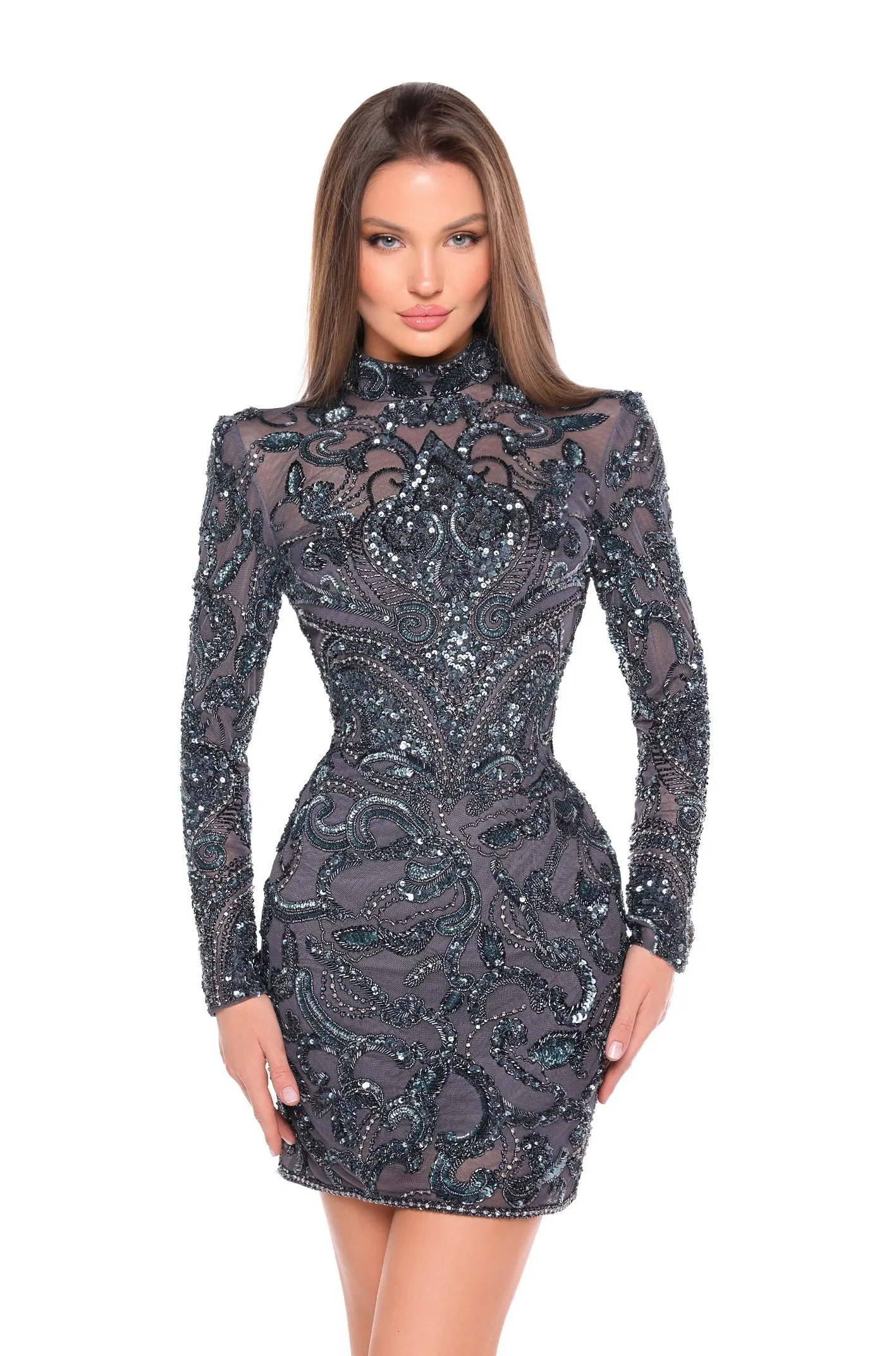 Amarra 88006 Short Backless Cocktail Dress Long Sleeve Beaded Sequin Homecoming Dress