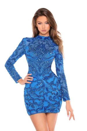 Amarra 88006 Short Backless Cocktail Dress Long Sleeve Beaded Sequin Homecoming Dress