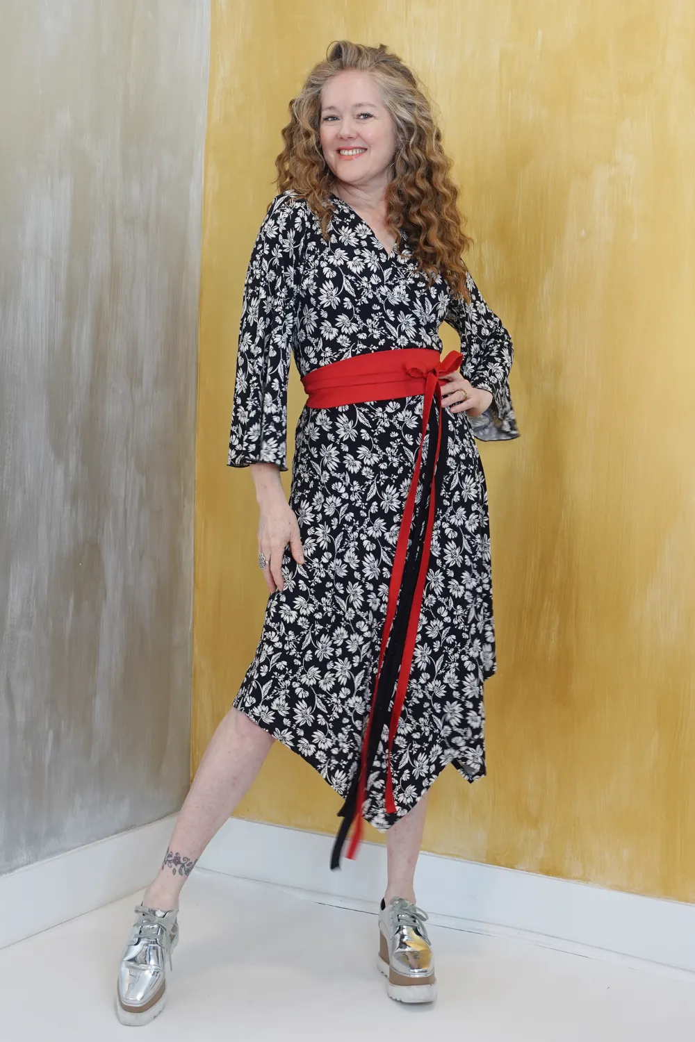 Black and White Floral Wrap Dress