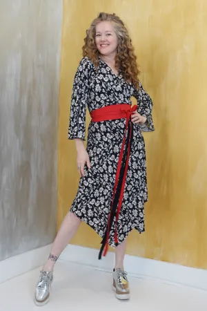 Black and White Floral Wrap Dress