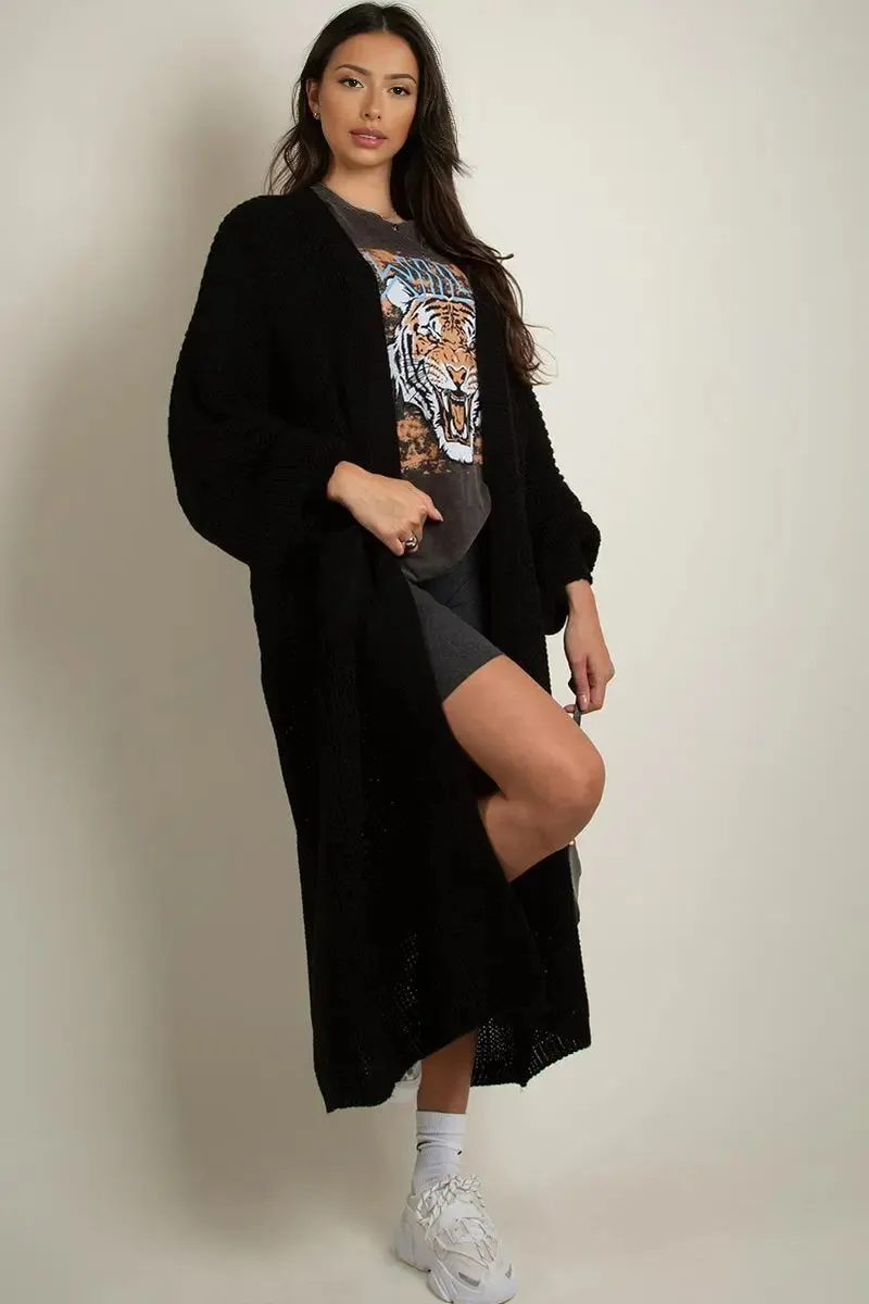 Black Casual Knit Puff Sleeve Loose Cardigan