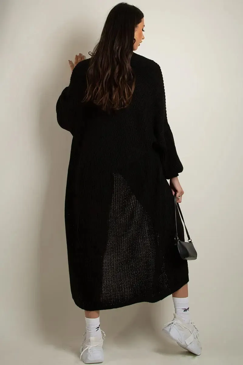 Black Casual Knit Puff Sleeve Loose Cardigan