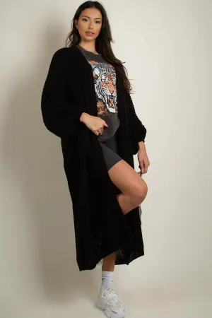 Black Casual Knit Puff Sleeve Loose Cardigan