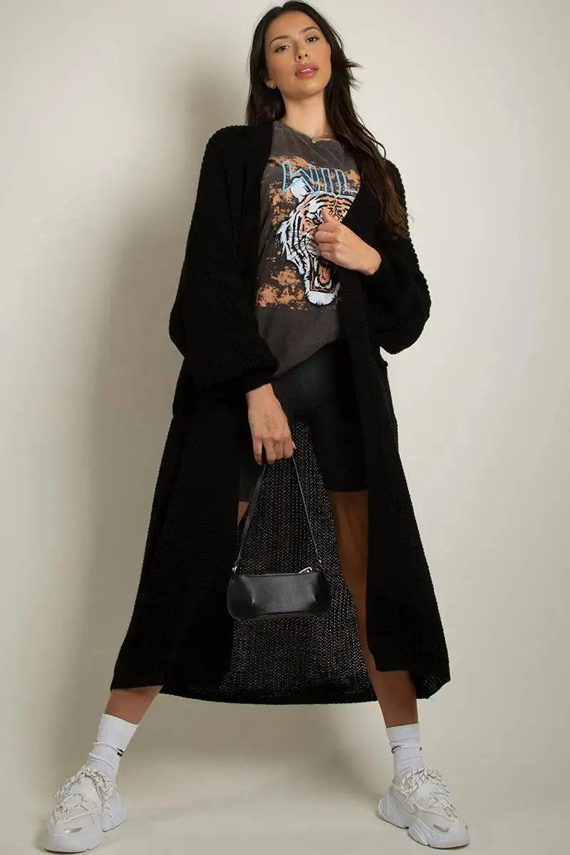 Black Casual Knit Puff Sleeve Loose Cardigan