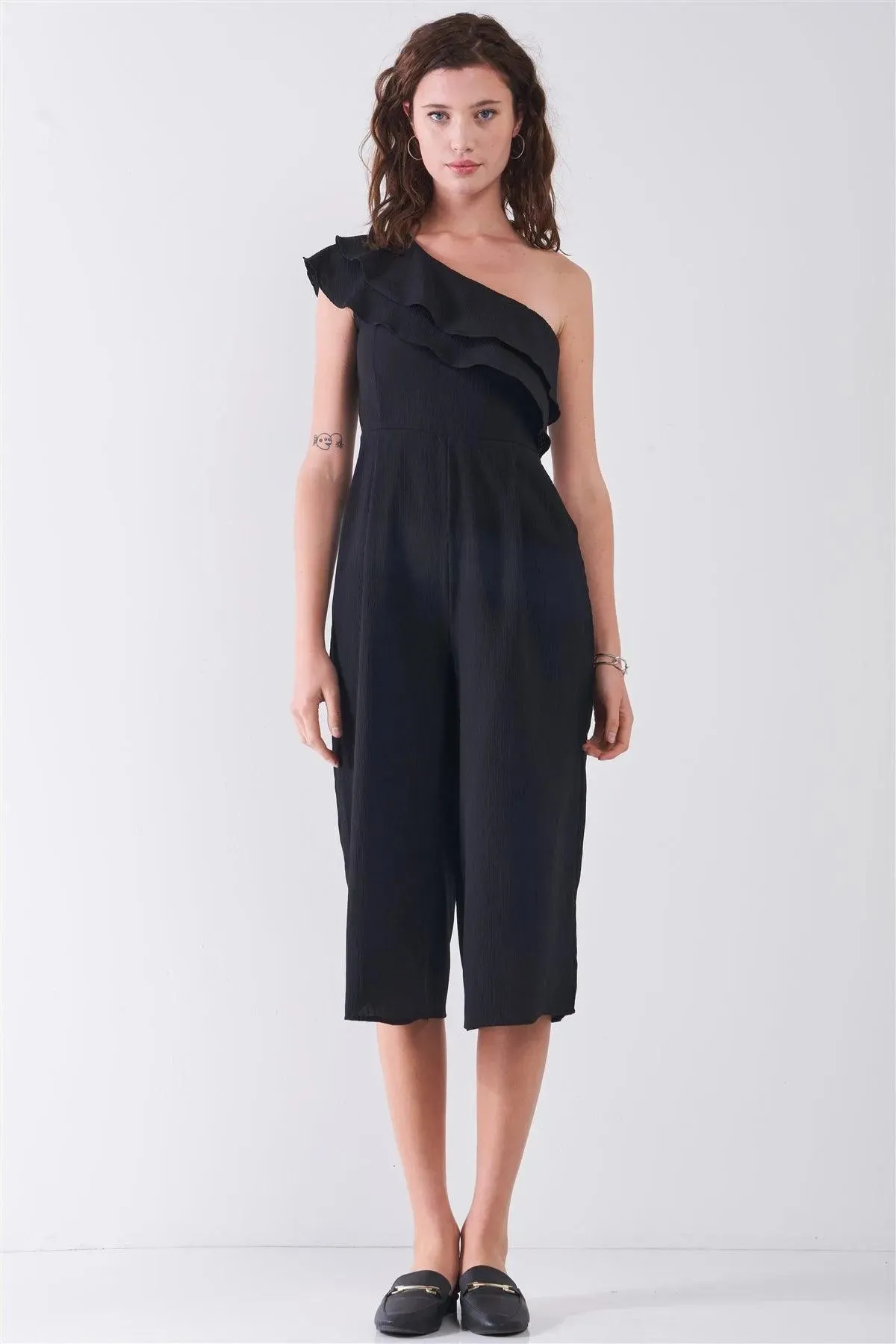 Black Sleeveless One-Shoulder Ruffle Detail Wide Leg Midi Jumpsuit /3-2-1