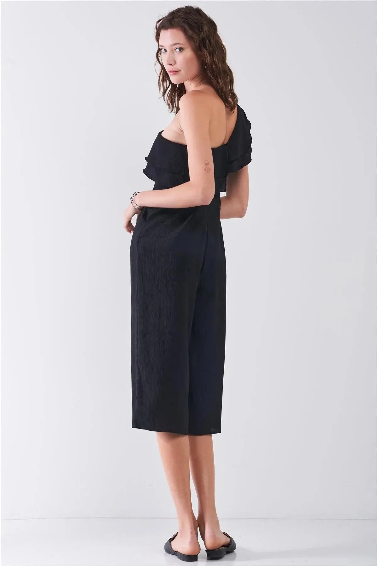Black Sleeveless One-Shoulder Ruffle Detail Wide Leg Midi Jumpsuit /3-2-1