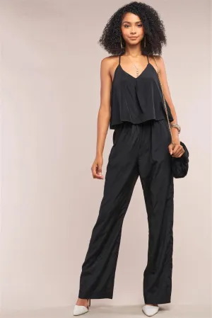 Black Sleeveless V-Neck Razor Back Layered Trim Wide Leg Jumpsuit /1-3-1