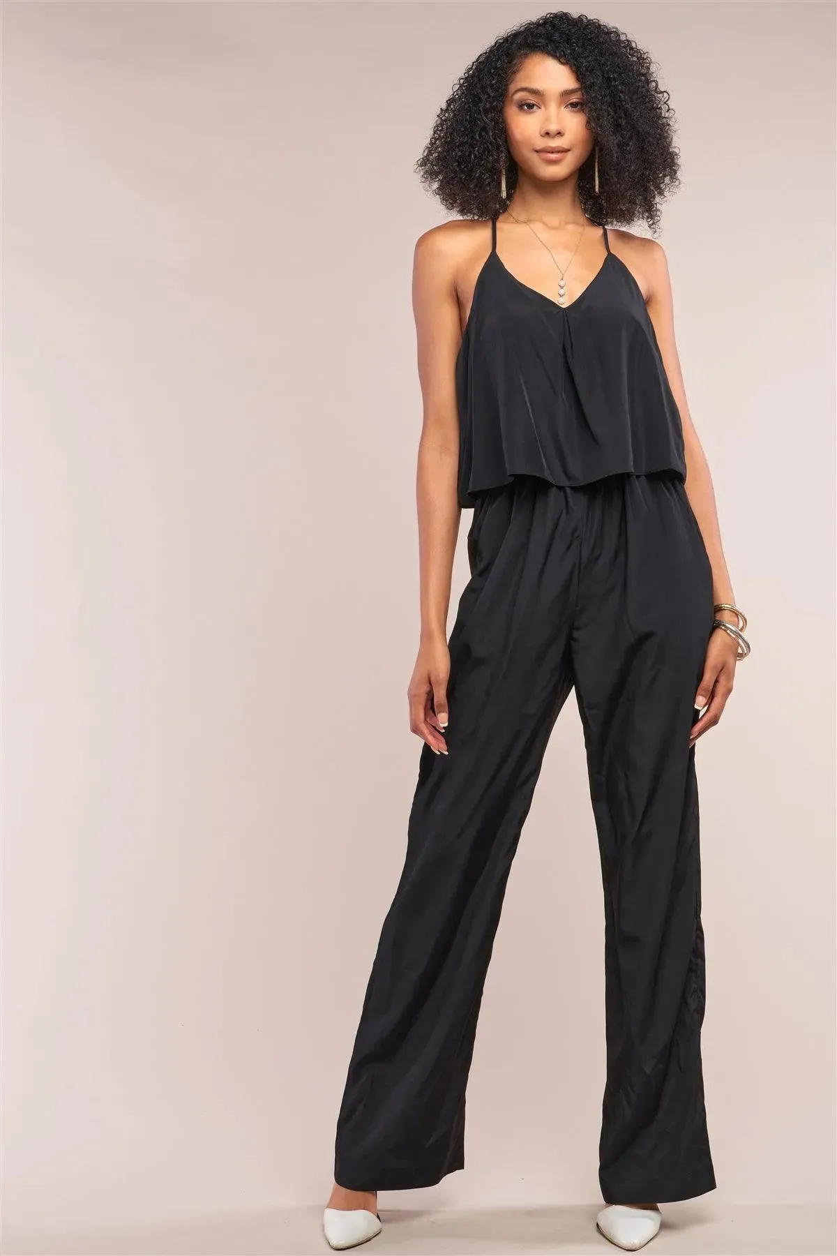 Black Sleeveless V-Neck Razor Back Layered Trim Wide Leg Jumpsuit /1-3-1