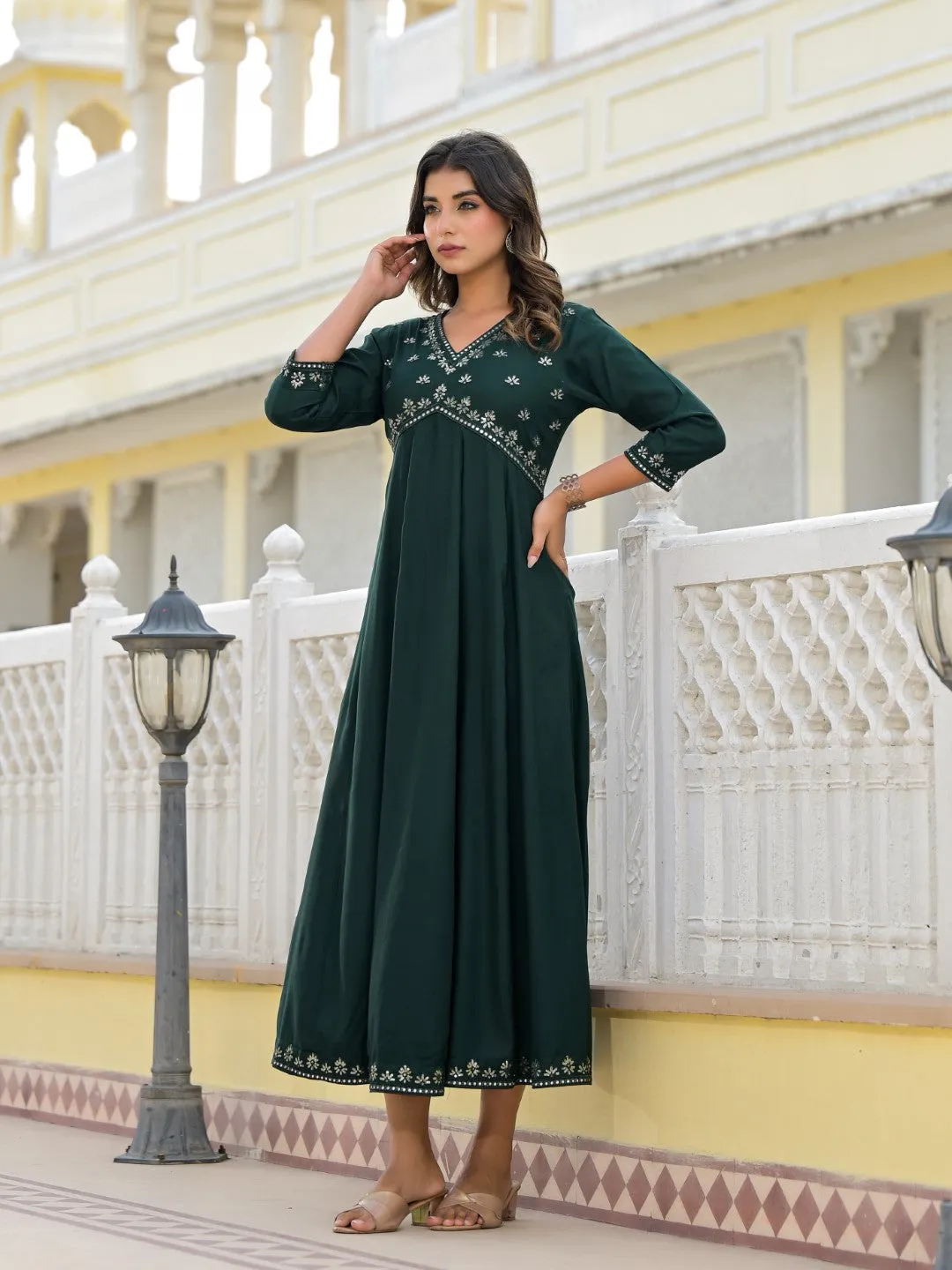 Bottle Green Mirror Embroidered Liva Rayon Dress With Sequins