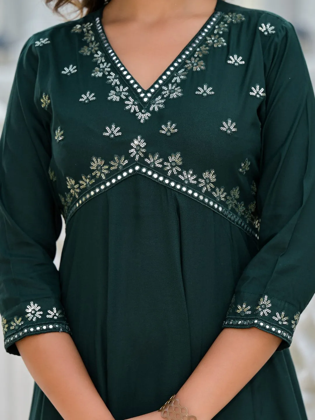Bottle Green Mirror Embroidered Liva Rayon Dress With Sequins
