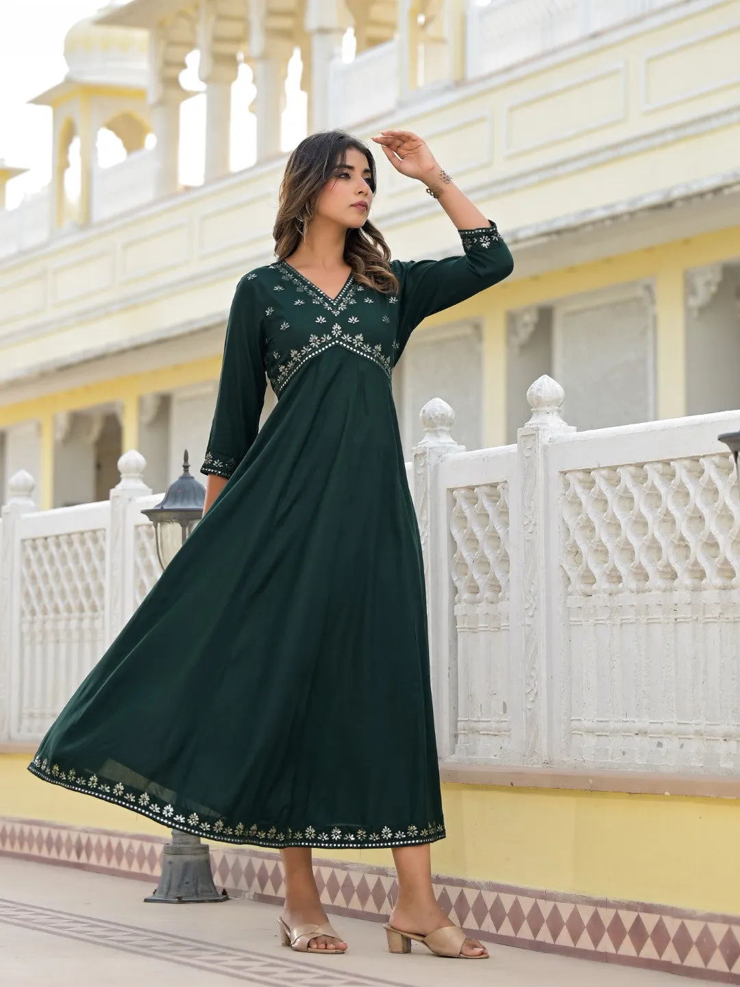 Bottle Green Mirror Embroidered Liva Rayon Dress With Sequins