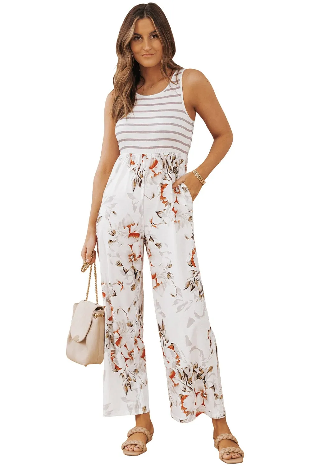 Breezy White Floral Striped Jumpsuit with Pockets