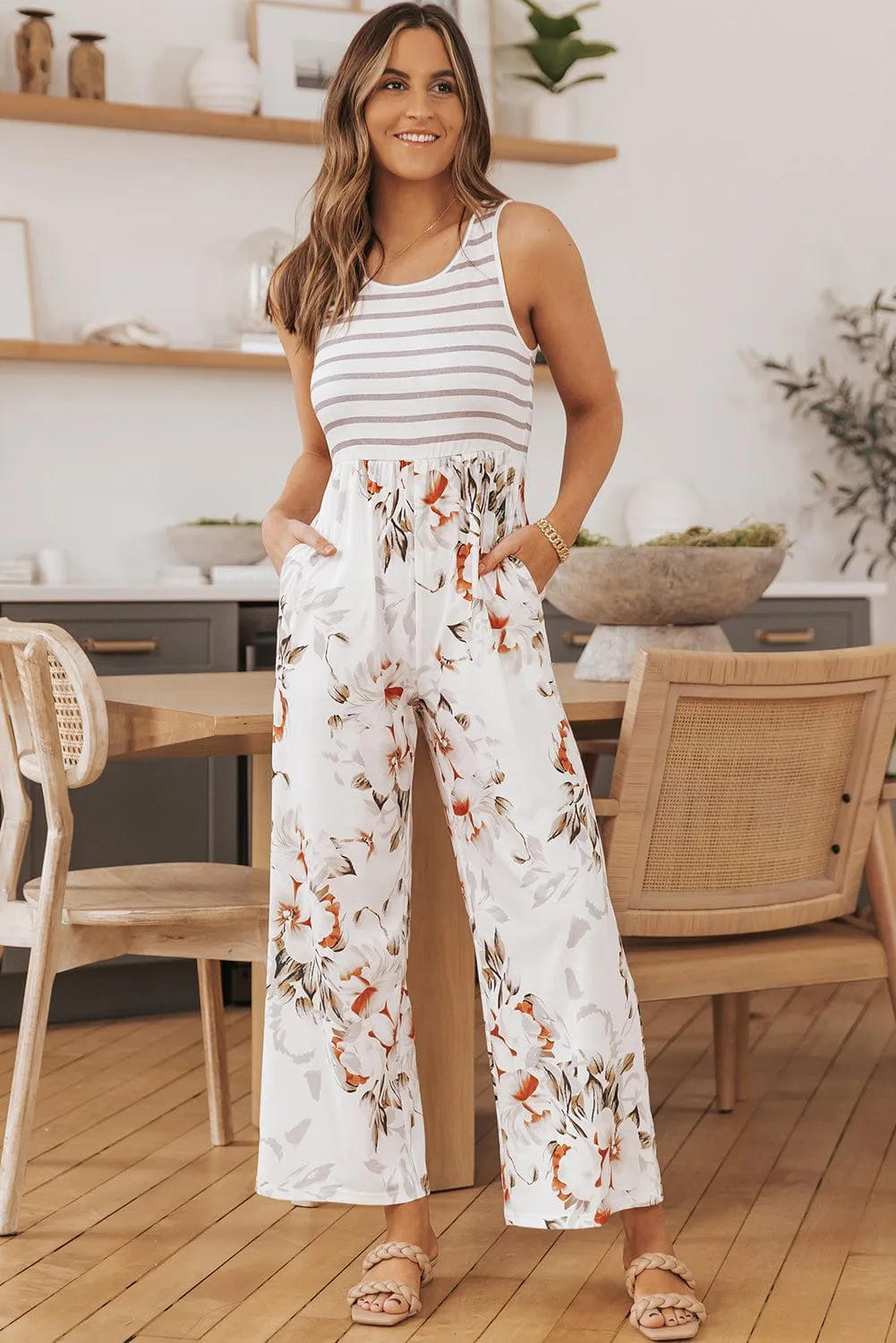Breezy White Floral Striped Jumpsuit with Pockets
