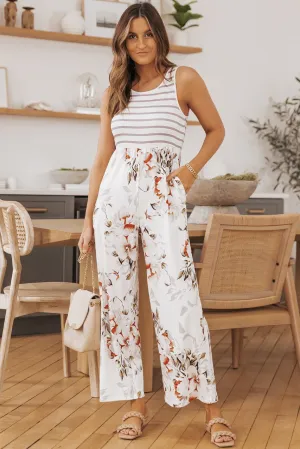 Breezy White Floral Striped Jumpsuit with Pockets