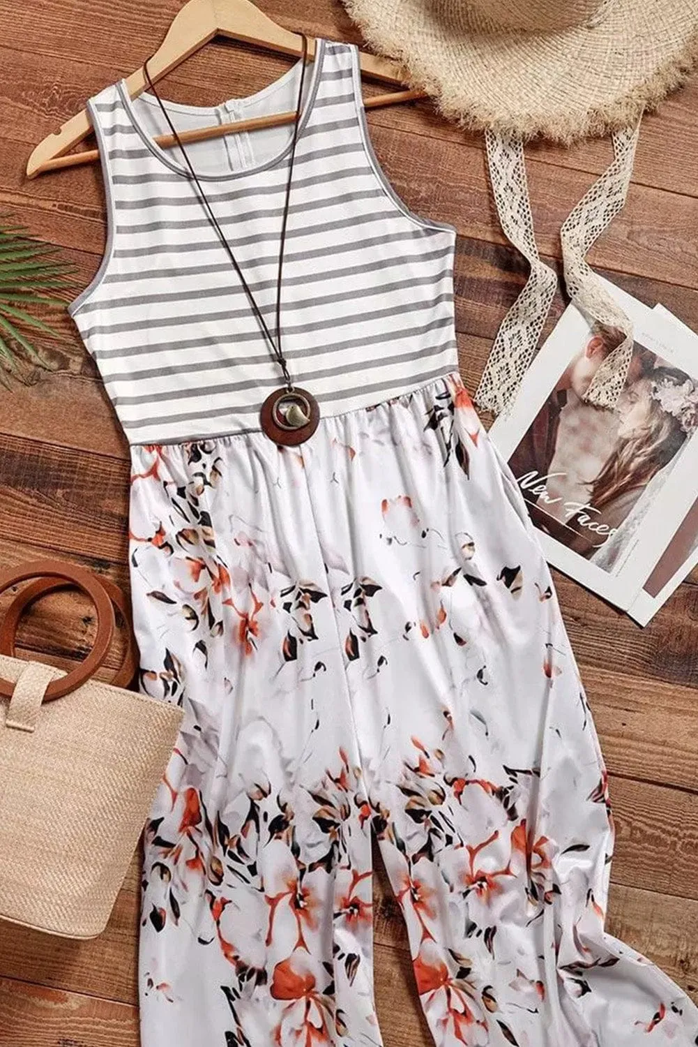 Breezy White Floral Striped Jumpsuit with Pockets