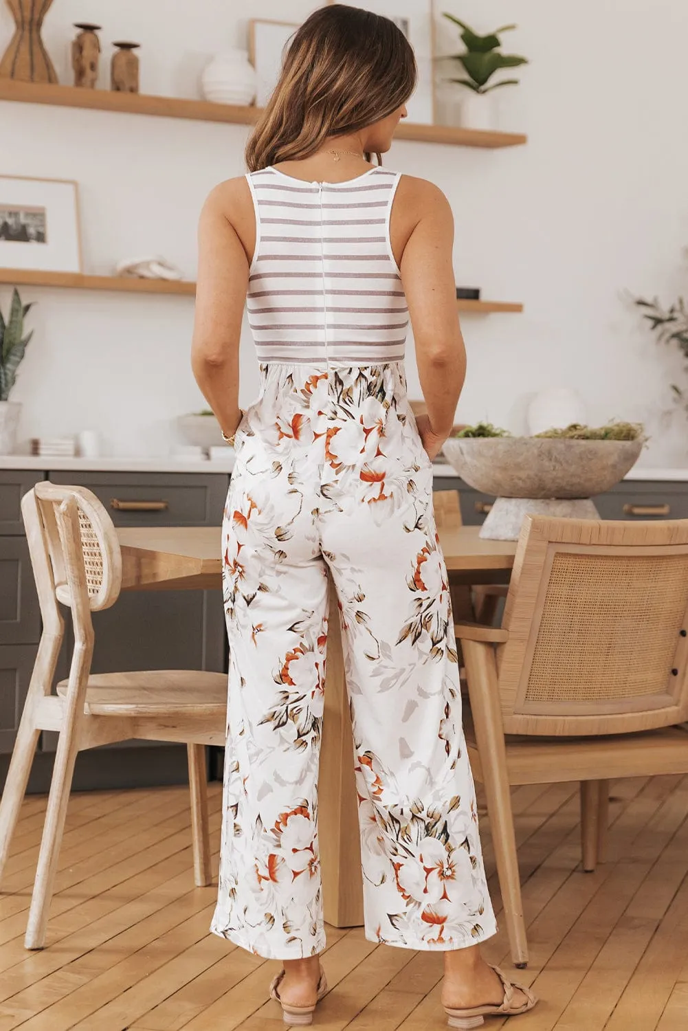 Breezy White Floral Striped Jumpsuit with Pockets