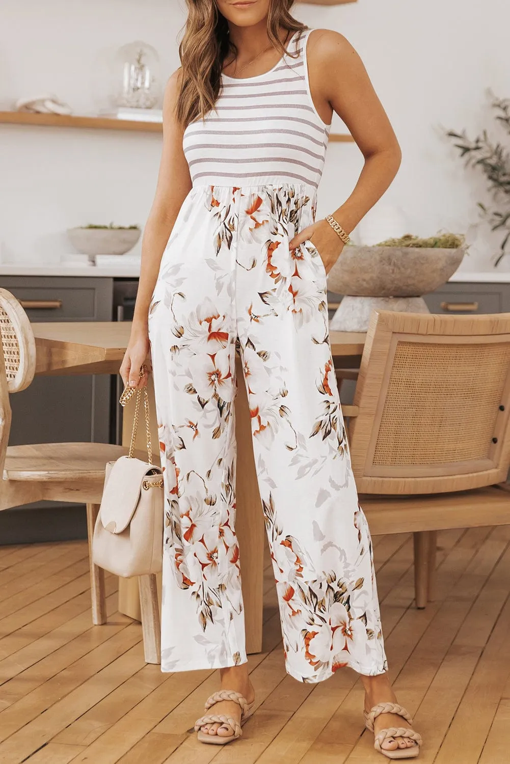 Breezy White Floral Striped Jumpsuit with Pockets