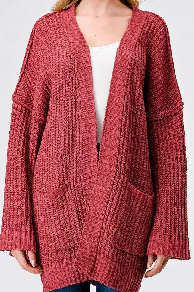Brick Knit Long Sleeve Two Pocket Open Front Cardigan