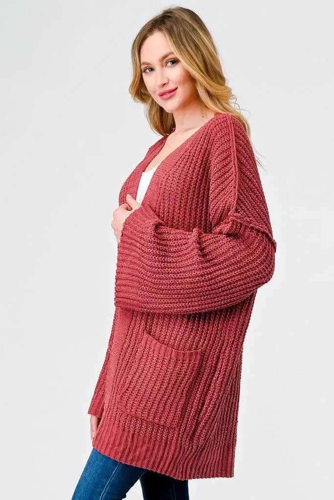 Brick Knit Long Sleeve Two Pocket Open Front Cardigan
