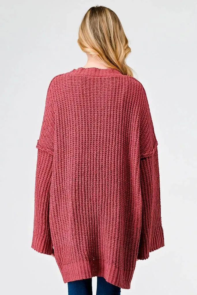 Brick Knit Long Sleeve Two Pocket Open Front Cardigan