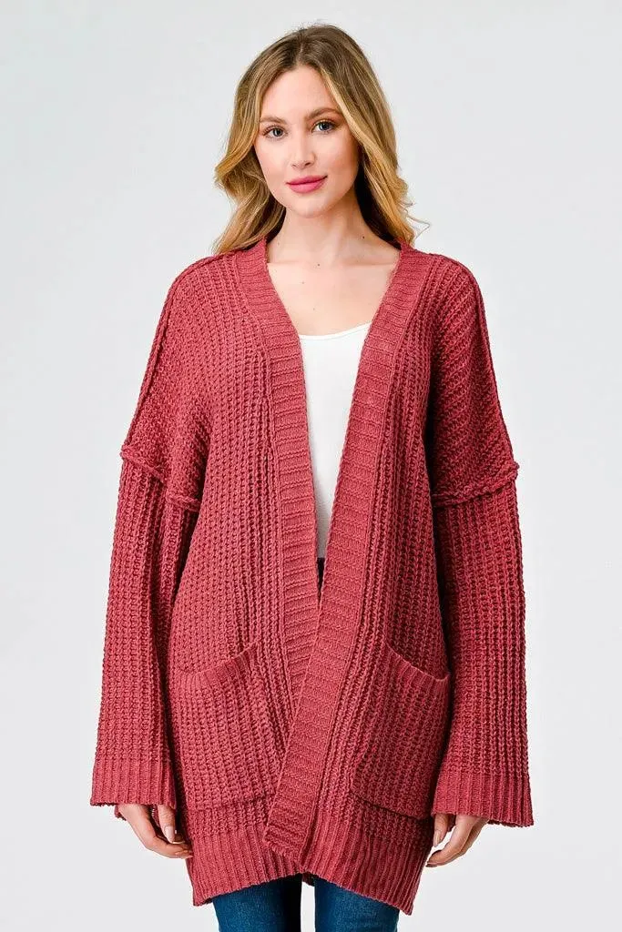 Brick Knit Long Sleeve Two Pocket Open Front Cardigan