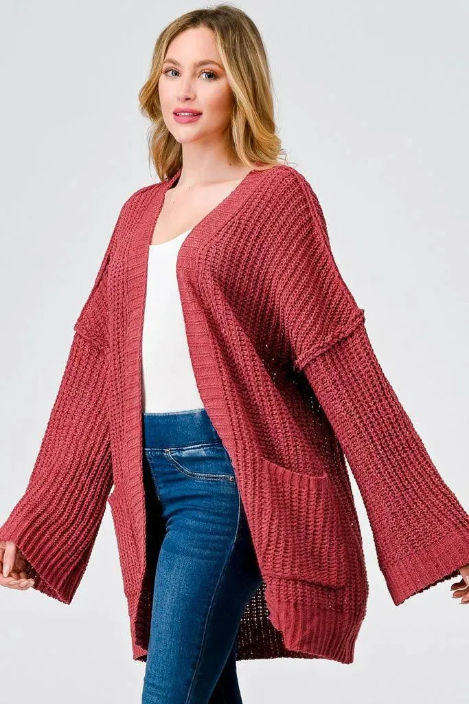 Brick Knit Long Sleeve Two Pocket Open Front Cardigan
